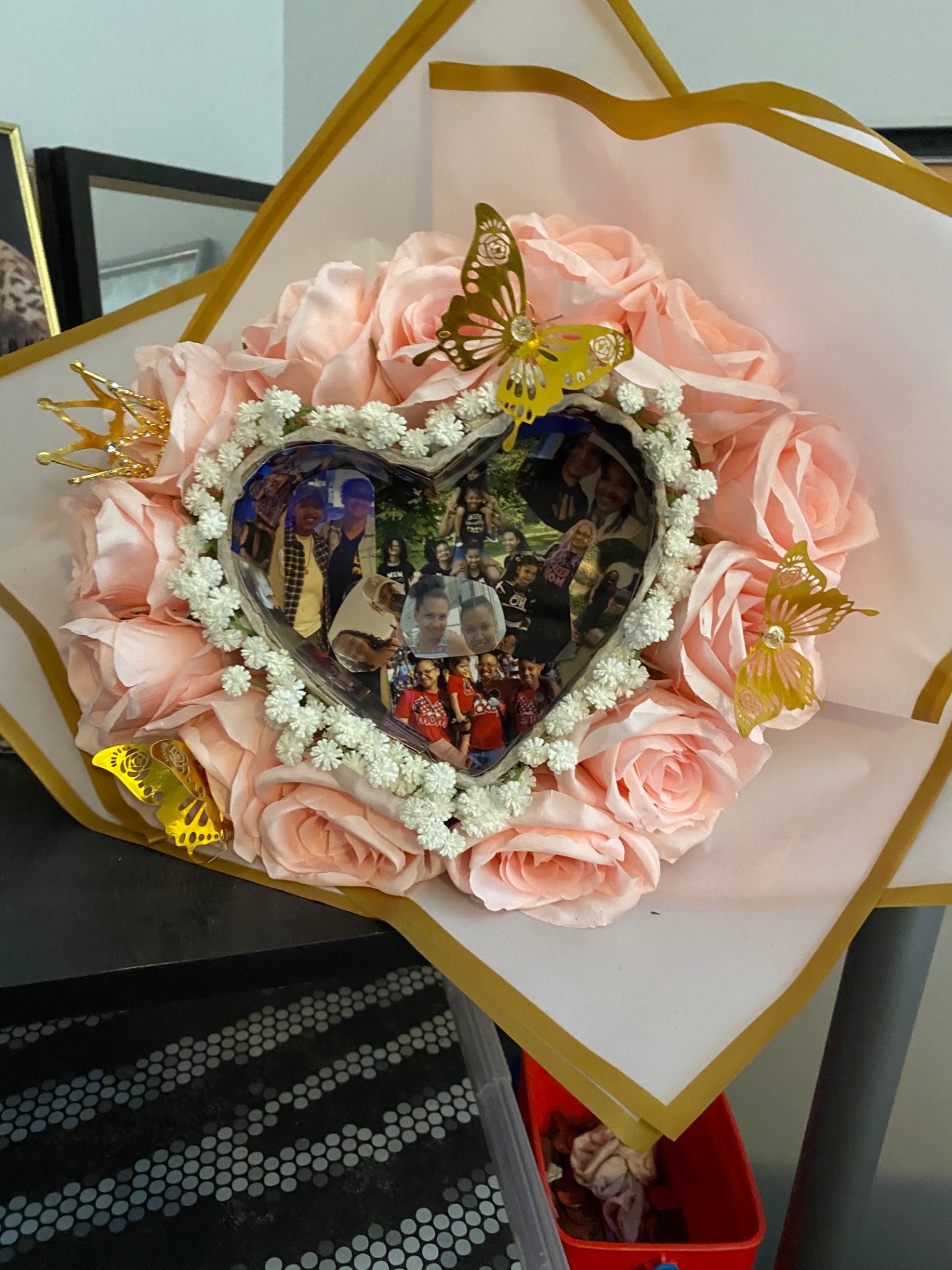 Pink rose photo heart bouquet